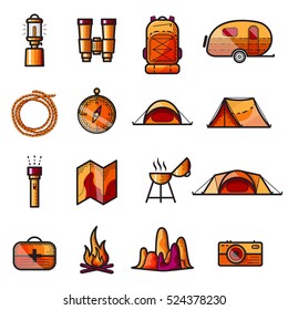 Summer Camping Icon set. Flat outdoors stylized geometric illustrations for web, infographic, banner, sign, outdoors, hiking, adventure designs.