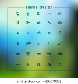 Summer camping icon set. Outdoors icons. Travel equipment icons.