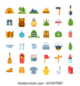 Summer camping icons. Vector flat graphics. Outdoor recreational activity. Hiking tourism tools, clothes and objects. Wild nature travel. Forest camp equipment. Mountain exploring expedition