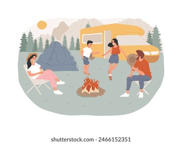 Ilustración vectorial de concepto aislado de camping de verano. Servicio de camping en caravana, alojamiento, parque nacional, aventura de verano, turismo para niños, programa de scouts, concepto de Vector de habilidades de supervivencia.