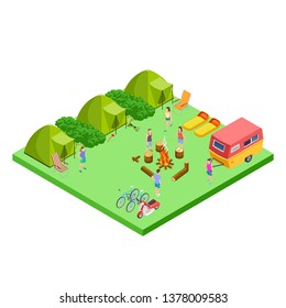 Summer camping isometric with van and tents vector location