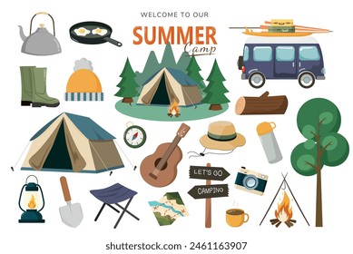 Conjunto de artículos de camping de verano. Viajes de verano y cosas de picnic. Accesorios de turismo y aventura. Cámara, mochila de vacaciones, fogata, remolque. Ilustración vectorial gráfica plana aislada sobre fondo blanco