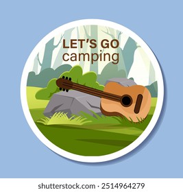 Rótulo de acampamento de verão. Guitarra acústica perto do rock. Caminhadas e estilo de vida ativo. Turismo e viagens, viagem. Modelo e layout. Ilustração de vetor plano isolada no plano de fundo azul