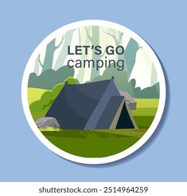 Rótulo de acampamento de verão. Tenda azul na floresta. Vamos acampar. Caminhadas e estilo de vida ativo. Turismo e viagens, viagem. Etiqueta ou emblema. Ilustração de vetor plano isolada no plano de fundo azul