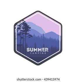 Summer camping label. Hiking family vacation in the mountains and forest. Conifers pine trees panorama. Tourism Trips banner