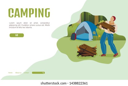 Summer Camping Landing Page Flat Vector Template. Male Camper Bringing Firewood for Campfire. Backpacking Holiday Vacation Website Homepage Layout. Tourist Tent in Forest, Campsite Illustration