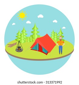 Summer camping landscape background with tent in front of forest. Hipster tourist alone near pond, bonfire and woods.