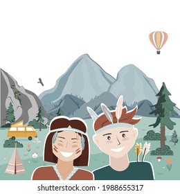 Summer camping landscape with happy kids dressed in tribal clothing. Mountains background. Weekend in the trailer. Cartoon vector flat illustration.