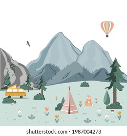 Summer camping landscape. Morning in the mountains. Weekend in the tent. Hiking and camping. Cartoon vector flat illustration