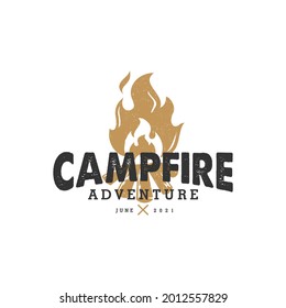 summer camping logo, hot campfire logs on hand drawn stamp effect vector illustration. Vintage grunge texture for poster and banner