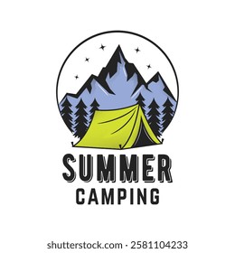 Summer camping logo with a vintage-style tent, mountain peaks, and pine trees. Perfect for outdoor branding, hiking clubs. Camping adventure emblem with retro aesthetics. Vector illustrator