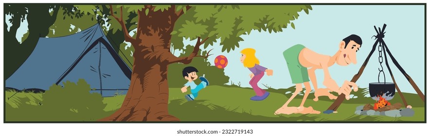 Summer camping. Man cooking food in nature. Funny people. Illustration concept template for website, web landing page, banner, presentation, social, poster, promotion or print media.