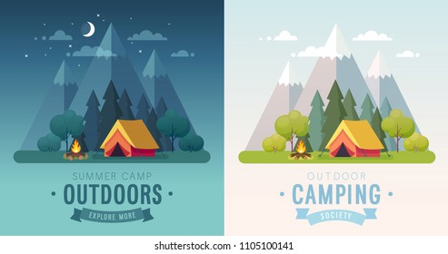 Summer Camping morning and night graphic posters. Banners with mountains, trees, tent and campfire. Climbing, hiking, trakking sports Vector illustration.