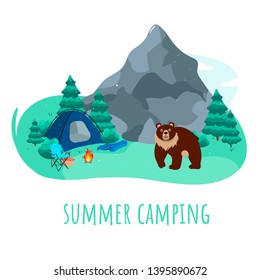 Summer camping in the mountains, picnic in the forest, Cheerful bear came out of the forest. Vector illustration in cartoon style.