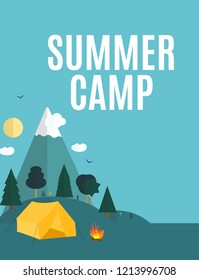 Summer Camping Nature Background in Modern Flat Style with Sample Text. EPS10