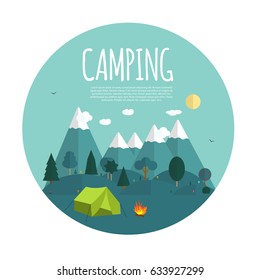 Summer Camping Nature Background in Modern Flat Style with Sample Text. Tourist Tent and Bonfire Against the Background of Mountains and Trees. Vector Illustration EPS10
