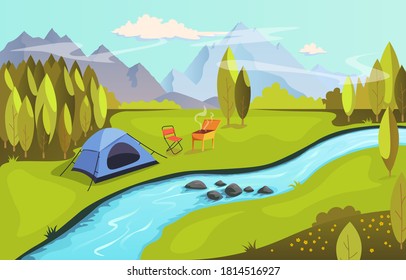 Summer camping and nature tourism concept. Camping in nature by the river with barbecue. Landscape with mountains, forest, river and tent, vector illustration in flat style.