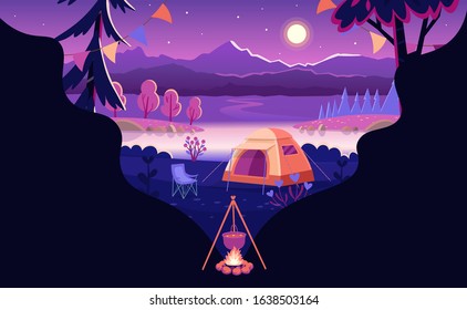  Summer Camping at night. Forest landscape with trees, bushes, flowers, road, a lake, tents, a bonfire, a backpack. Concept camping and summer traveling.