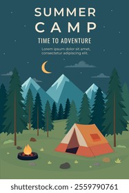 Summer camping night graphic poster. Flyer for camping, travel, trip, hiking, nature, journey, picnic concept. Vector illustration for poster, banner, flyer, cover, special offer, advertising. 