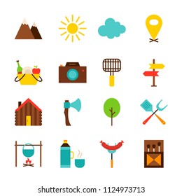 Summer Camping Objects. Vector Illustration. Adventure Collection of Items Isolated over White.