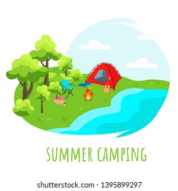 Summer camping on the river, lake. Active rest in the forest, picnic. Summer landscape. Vector illustration in cartoon style.