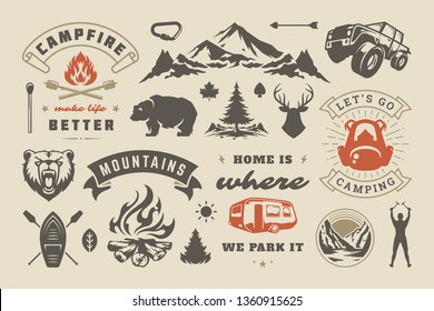 Summer camping and outdoor adventures design elements set, quotes and icons vector illustration. Mountains, wild animals and other. Good for t-shirts, mugs, greeting cards, photo overlays and posters