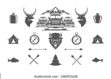 Summer camping and outdoor adventures design elements and icons set vector illustration. Mountains, wild animals and other. Good for t-shirts, mugs, greeting cards, photo overlays and posters