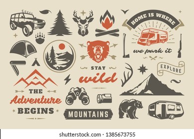 Summer camping and outdoor adventures design elements set, quotes and icons vector illustration. Mountains, wild animals and other. Good for t-shirts, mugs, greeting cards, photo overlays and posters