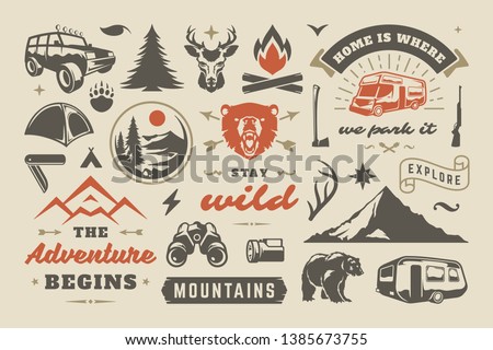 Summer camping and outdoor adventures design elements set, quotes and icons vector illustration. Mountains, wild animals and other. Good for t-shirts, mugs, greeting cards, photo overlays and posters