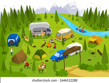 Summer camping outdoor in nature, people on vacation, vector illustration. Campground near forest, river and mountains. Family vacation in summer camp with tents, active leisure and relaxing in nature