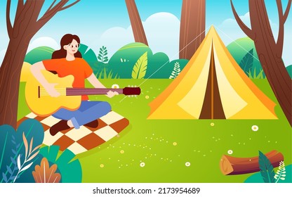 Summer camping outdoors, family picnic party on grass tent, vector illustration