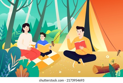 Summer camping outdoors, family picnic party on grass tent, vector illustration