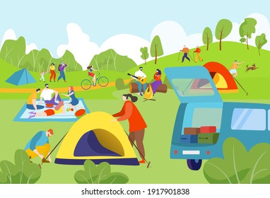 Summer camping outdoors, joyful people, traveling tourists, nature tourism concept, design cartoon style vector illustration. Camping with tents in the forest, man and woman by the fire, healthy rest.