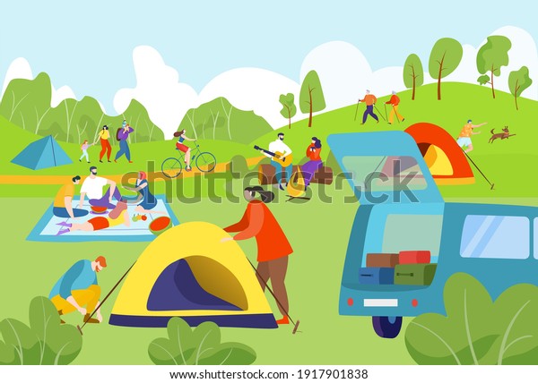 Summer camping outdoors, joyful people, traveling\
tourists, nature tourism concept, design cartoon style vector\
illustration. Camping with tents in the forest, man and woman by\
the fire, healthy rest.
