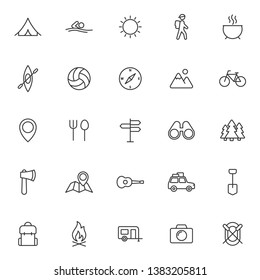 summer camping outline vector icons set isolated on white background. camping outline flat icons for web and ui design. summer camping recreation concept