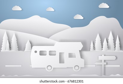 Summer camping paper cut style. Concept with car, road, track. Vector illustration background