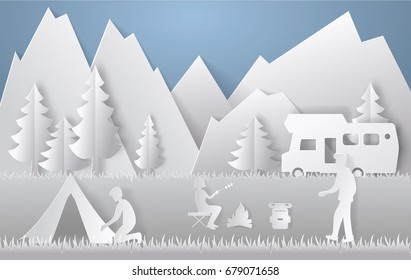 Summer camping paper cut style. Concept with mountain, trees, people at a picnic. Vector illustration.