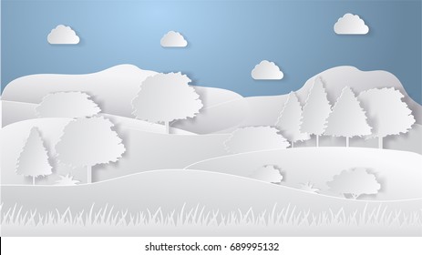 Summer Camping Paper Cut Style. Concept With Hills, Trees. Vector Illustration.