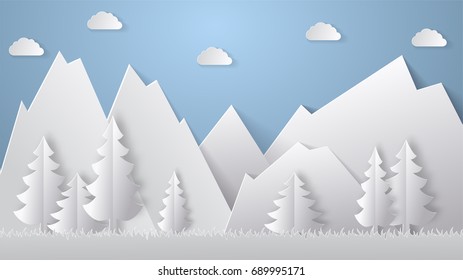 Summer camping paper cut style. Concept with mountain, trees. Vector illustration.