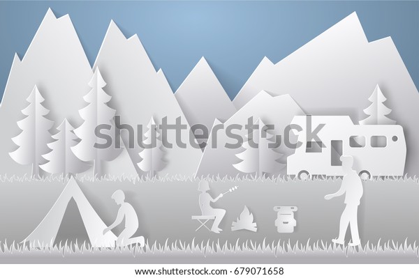 Summer camping paper cut\
style. Concept with mountain, trees, people at a picnic. Vector\
illustration.