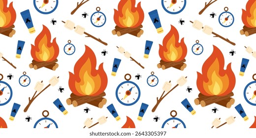 Summer Camping pattern with campfire, marshmallows, compass, and insect repellent. Fun outdoor adventure vector background with burning bonfire, toasted marshmallows on sticks, pocket compass.