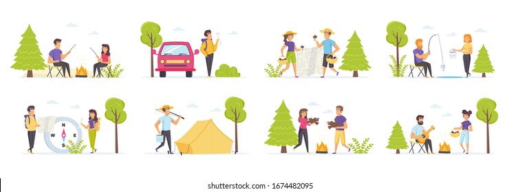 Acampada de verano con personajes de la gente en varias escenas. Pareja recolectando setas, viajando con mochilas, relajándose cerca de la hoguera, tocar la guitarra y pescar. Conjunto de turismo natural en estilo plano.