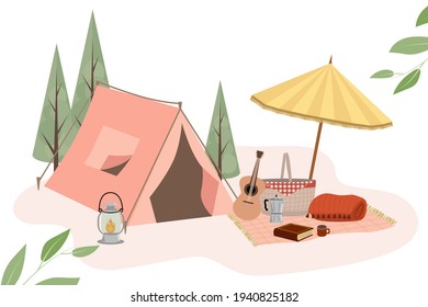 Summer camping, summer picnic poster. Outdoor leisure activity set. Editable vector illustration.