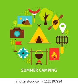 Summer Camping Postcard. Poster Design Vector Illustration. Collection of Camp Objects.