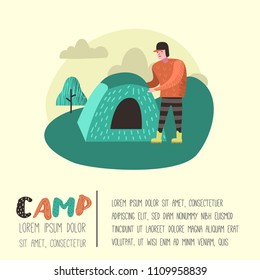 Summer Camping Poster, Banner. Cartoon Character Man in Camp Placard, Invitation, Background. Vector illustration