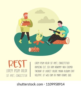 Summer Camping Poster, Banner. Cartoon Characters People in Camp Placard, Invitation, Background. Travel Equipment, Campfire, Outdoor Activities. Vector illustration