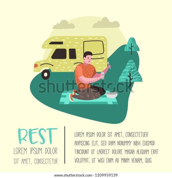 Summer\
Camping Poster, Banner. Cartoon Character Man with Camper Placard,\
Invitation, Background. Vector\
illustration