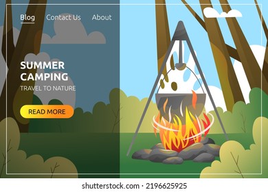 Summer camping poster. Campfire in forest vector illustration. Bonfire and stones along trees and bushes banner design.
