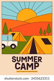 Summer camping poster template design decorative with tent, bonfire flat design style. Design element can be used for background, backdrop, leaflet, flyer, print, vector illustration