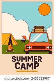 Summer camping poster template design decorative with tent, bonfire, car parking at the base camp on sunny day. Design element can be used for background, leaflet, flyer, print, vector illustration